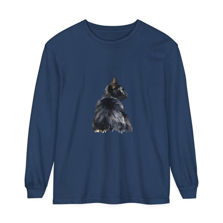 Black Cat Watercolor Long Sleeve T-Shirt featuring a vibrant watercolor design of a black cat on a comfortable long sleeve shirt