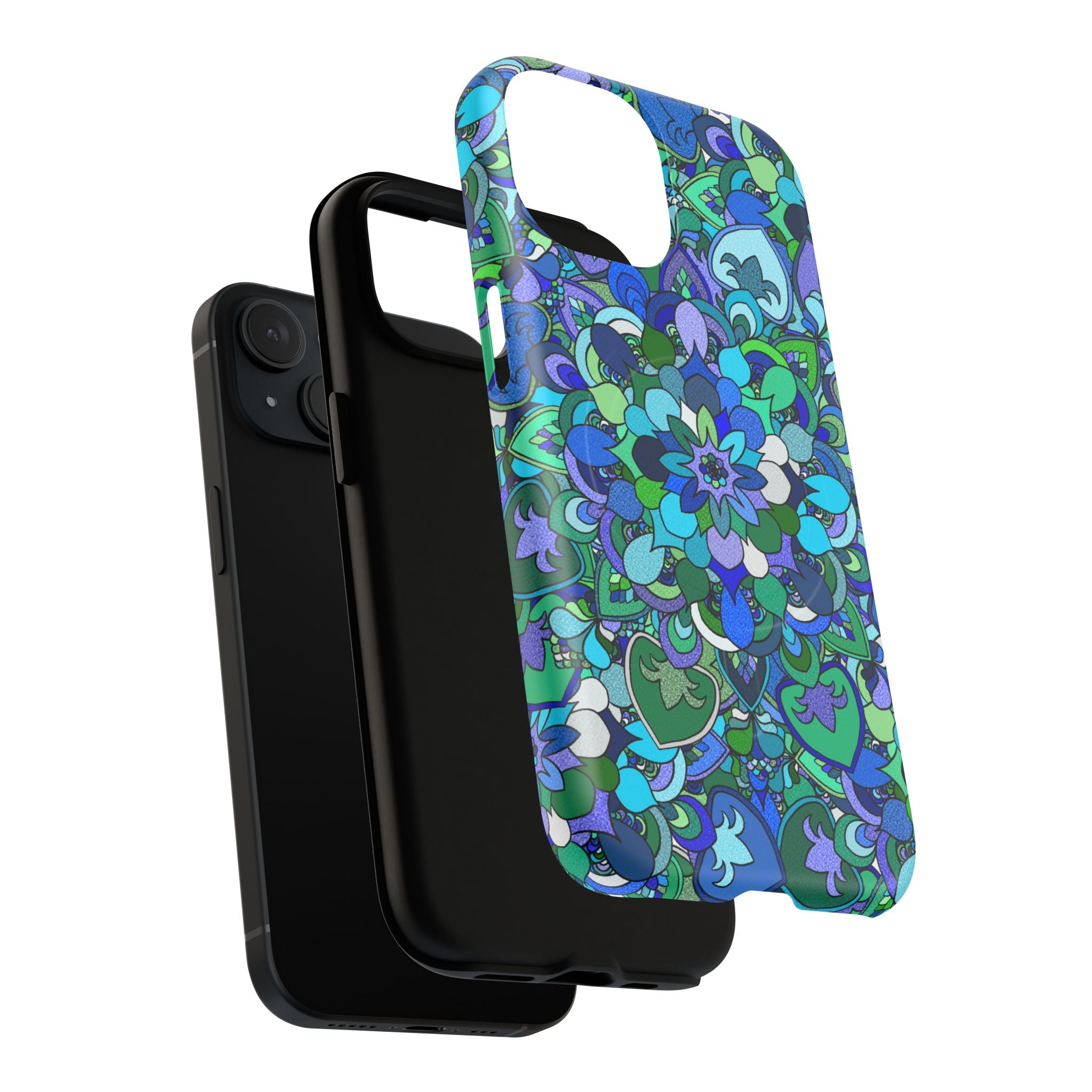 Cover Rigida Magnetica per Telefono con Mandala Floreale — Motivo Blu Verde