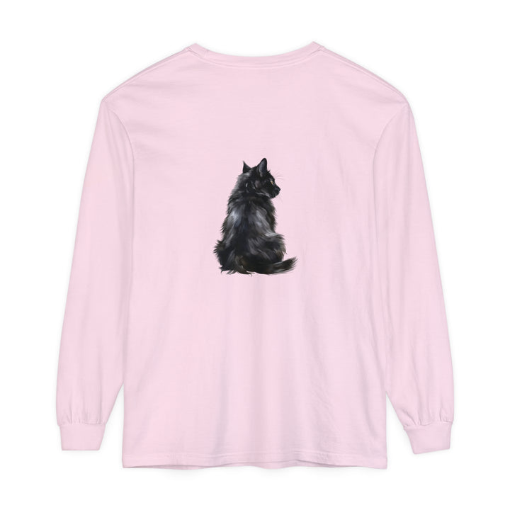 Black Cat Mystique Long Sleeve T-Shirt in sleek, black fabric with captivating feline graphic