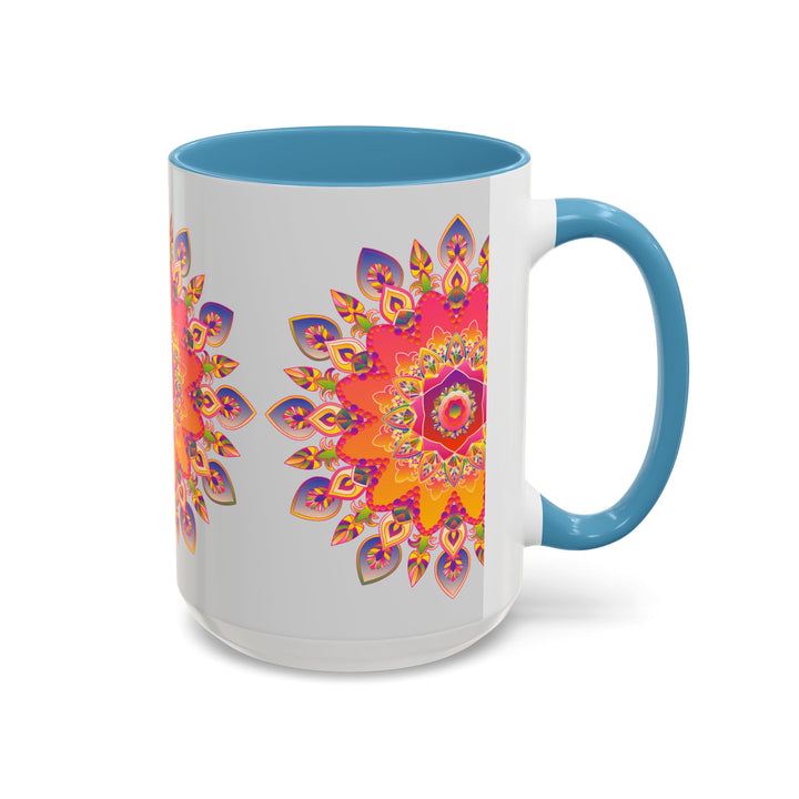 Mandala art mug featuring vibrant colors and intricate designs on a grey background