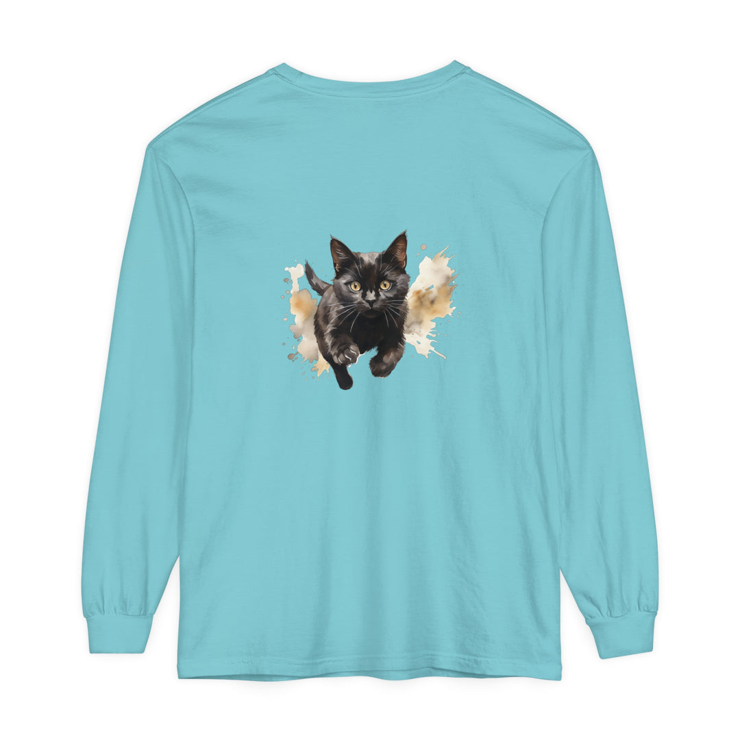 Black Cat Watercolor Sprint Unisex T-Shirt featuring a vibrant watercolor design of a black cat sprinting across the shirt, perfect for animal lovers and art enthusiasts alike