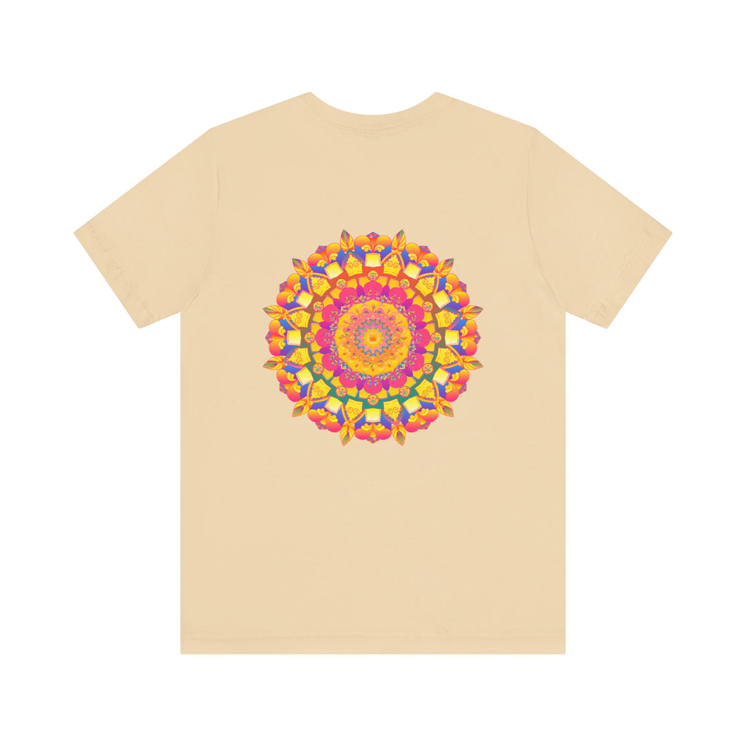 A colorful and intricate mandala design on a T-shirt, symbolizing peace and harmony