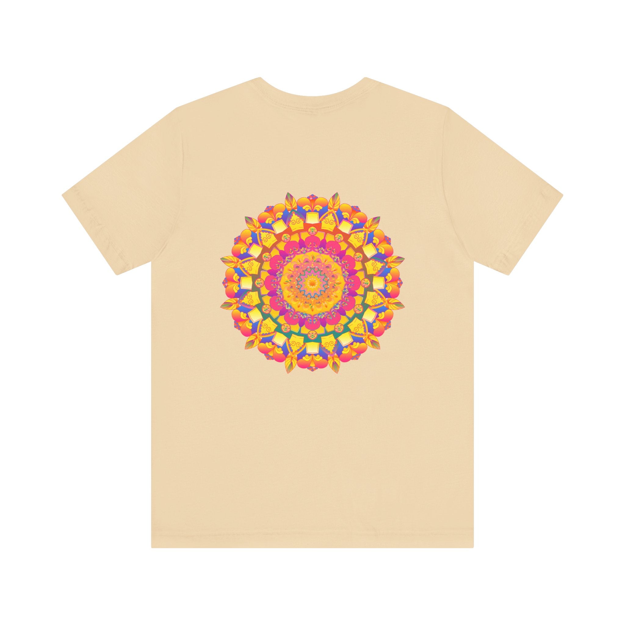 A colorful and intricate mandala design on a T-shirt, symbolizing peace and harmony