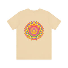 A colorful and intricate mandala design on a T-shirt, symbolizing peace and harmony