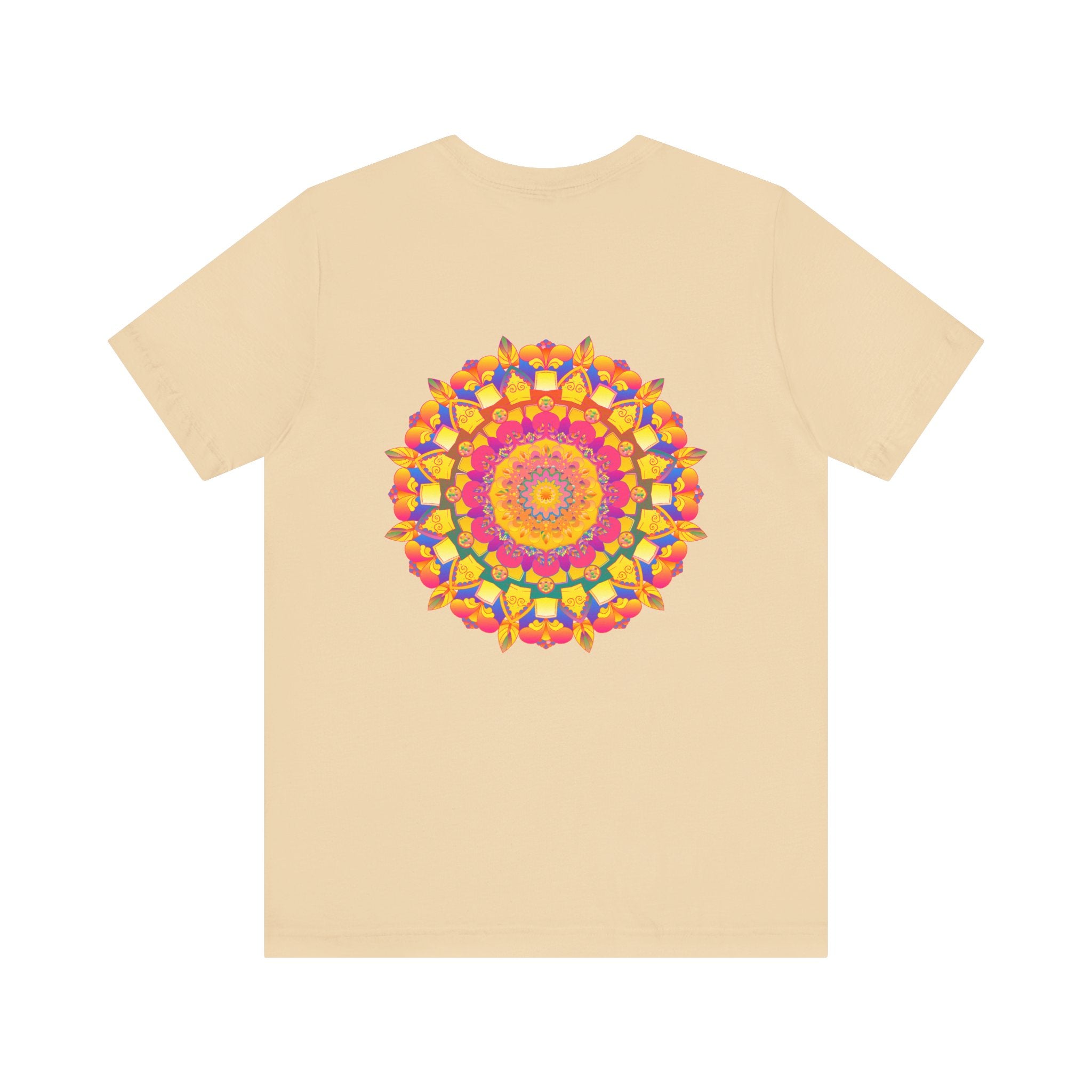 A colorful and intricate mandala design on a T-shirt, symbolizing peace and harmony