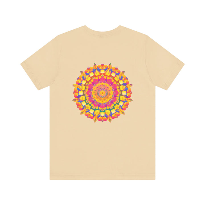 A colorful and intricate mandala design on a T-shirt, symbolizing peace and harmony