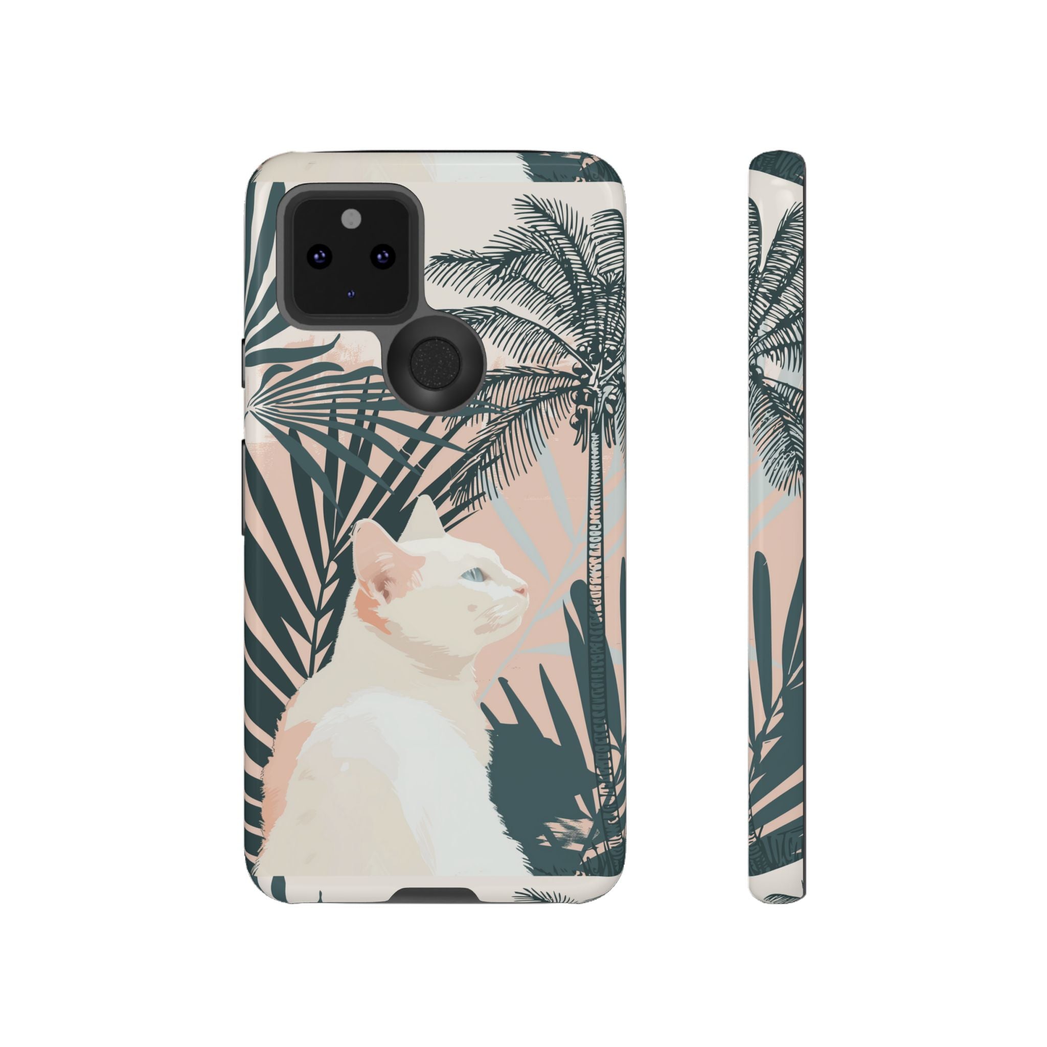 Custodia per telefono con gatto tropicale, motivi di palme lussureggianti e tenui colori pastello