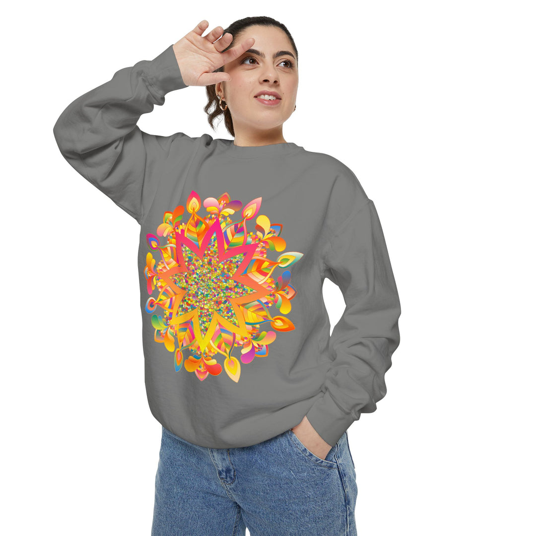 Cozy and stylish mandala sweatshirt in vibrant colors perfect for casual wear