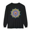A close-up of a colorful and detailed mandala design on a long sleeve t-shirt