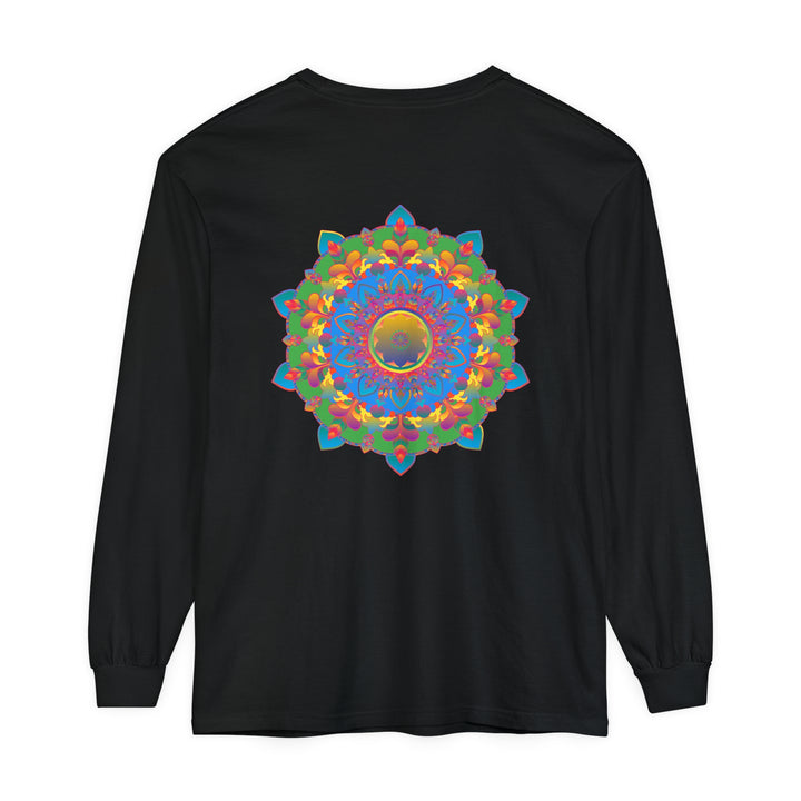 A close-up of a colorful and detailed mandala design on a long sleeve t-shirt