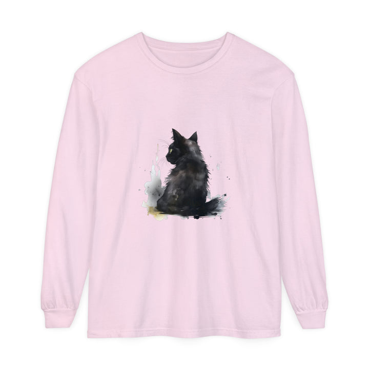 Black Cat Watercolor Dream Long Sleeve T-Shirt with vibrant watercolor cat design