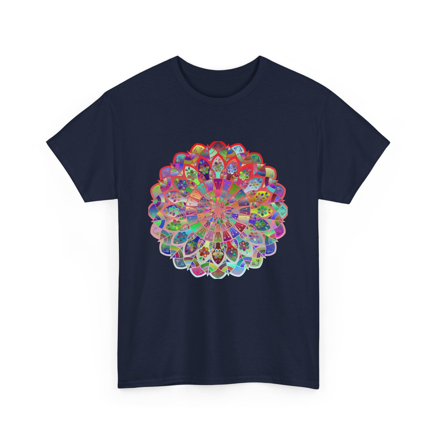 Colorful mandala art design printed on a comfortable unisex heavy cotton t-shirt, perfect for yoga and mindfulness practices