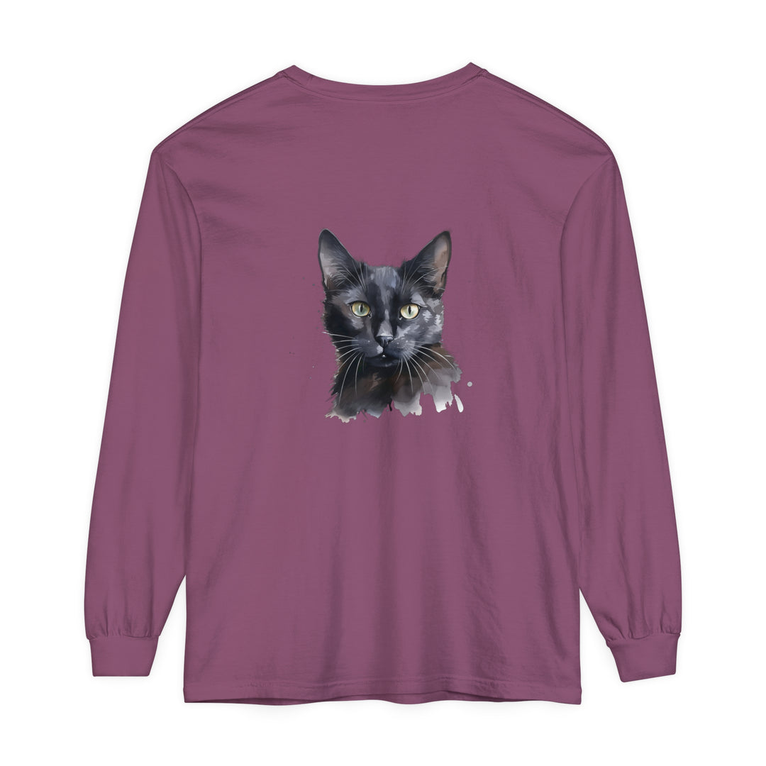 Black Cat Watercolor Mystical Long Sleeve T-Shirt with vibrant design