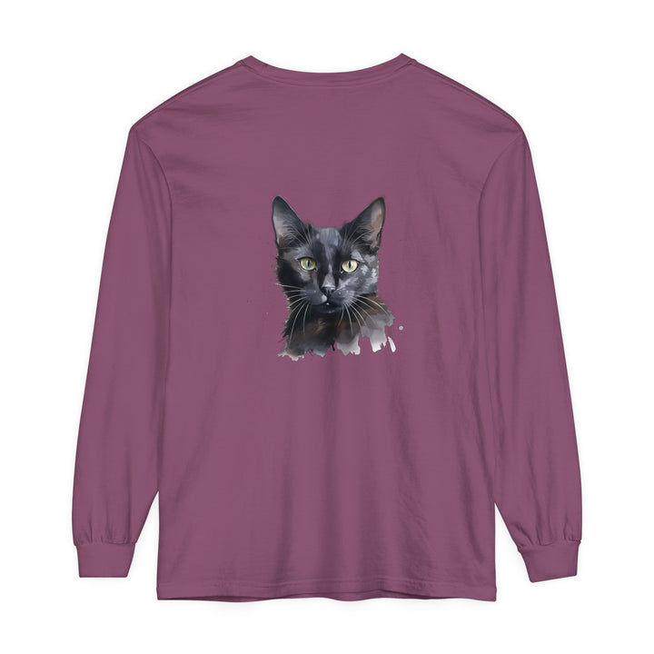 Black Cat Watercolor Mystical Long Sleeve T-Shirt with vibrant design