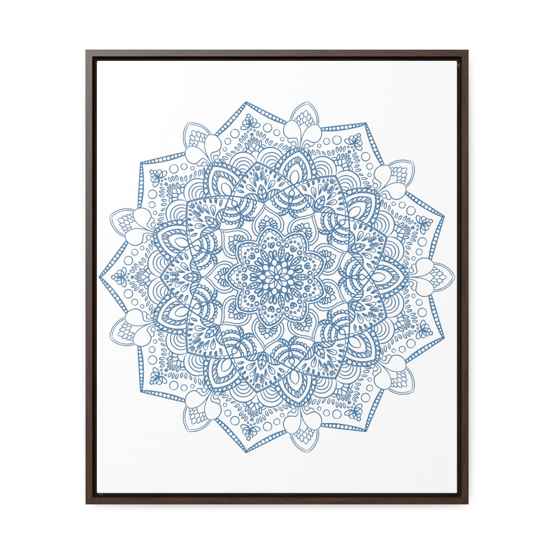 Steel blue Mandala Handmade Art featuring intricate mandala design on gallery canvas wraps, displayed in vertical frame for stunning wall art decor