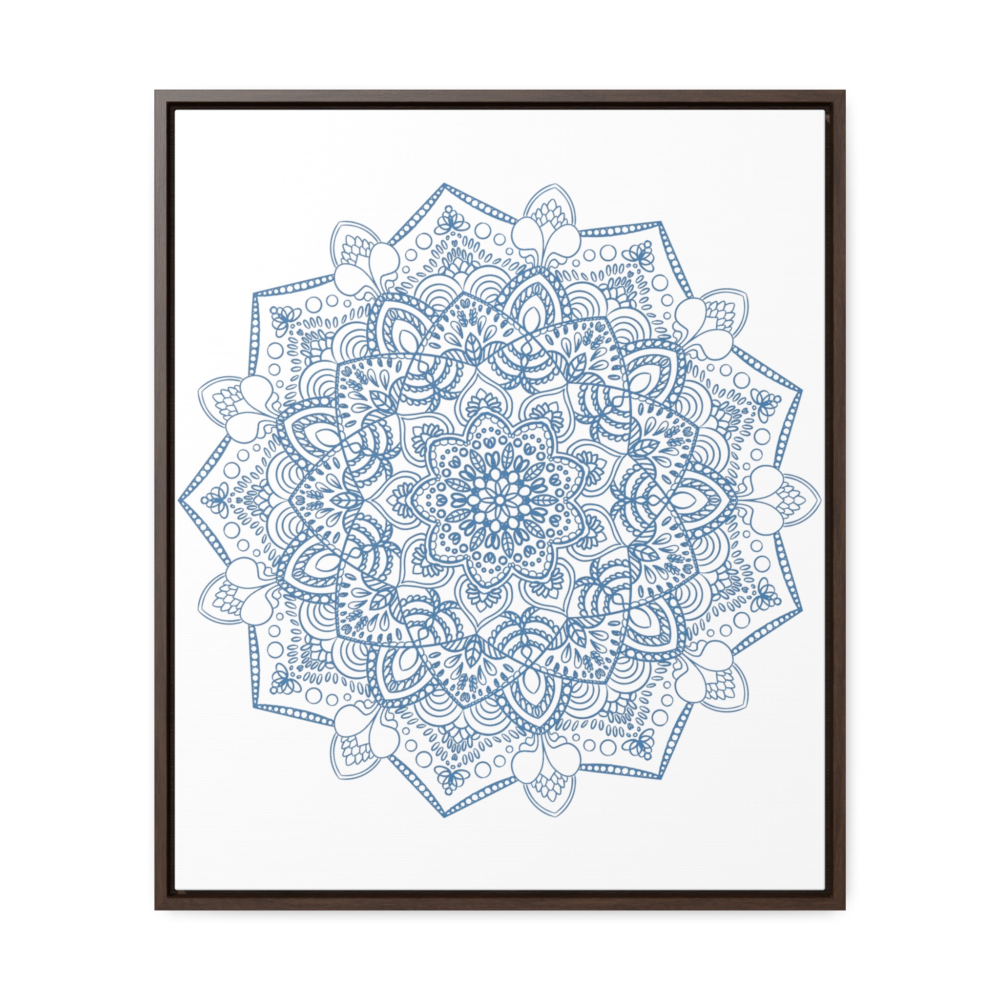 Steel blue Mandala Handmade Art featuring intricate mandala design on gallery canvas wraps, displayed in vertical frame for stunning wall art decor