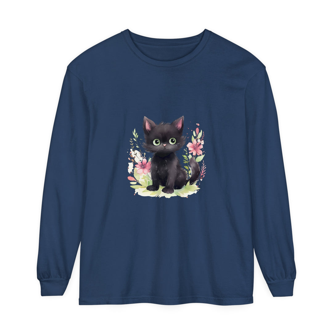 Adorable playful kitten surrounded by vibrant floral watercolor illustrations on a t-shirt