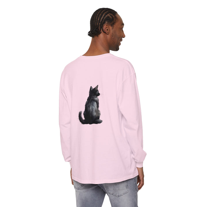 Black Cat Mystery unisex long sleeve tee in black with mysterious cat design