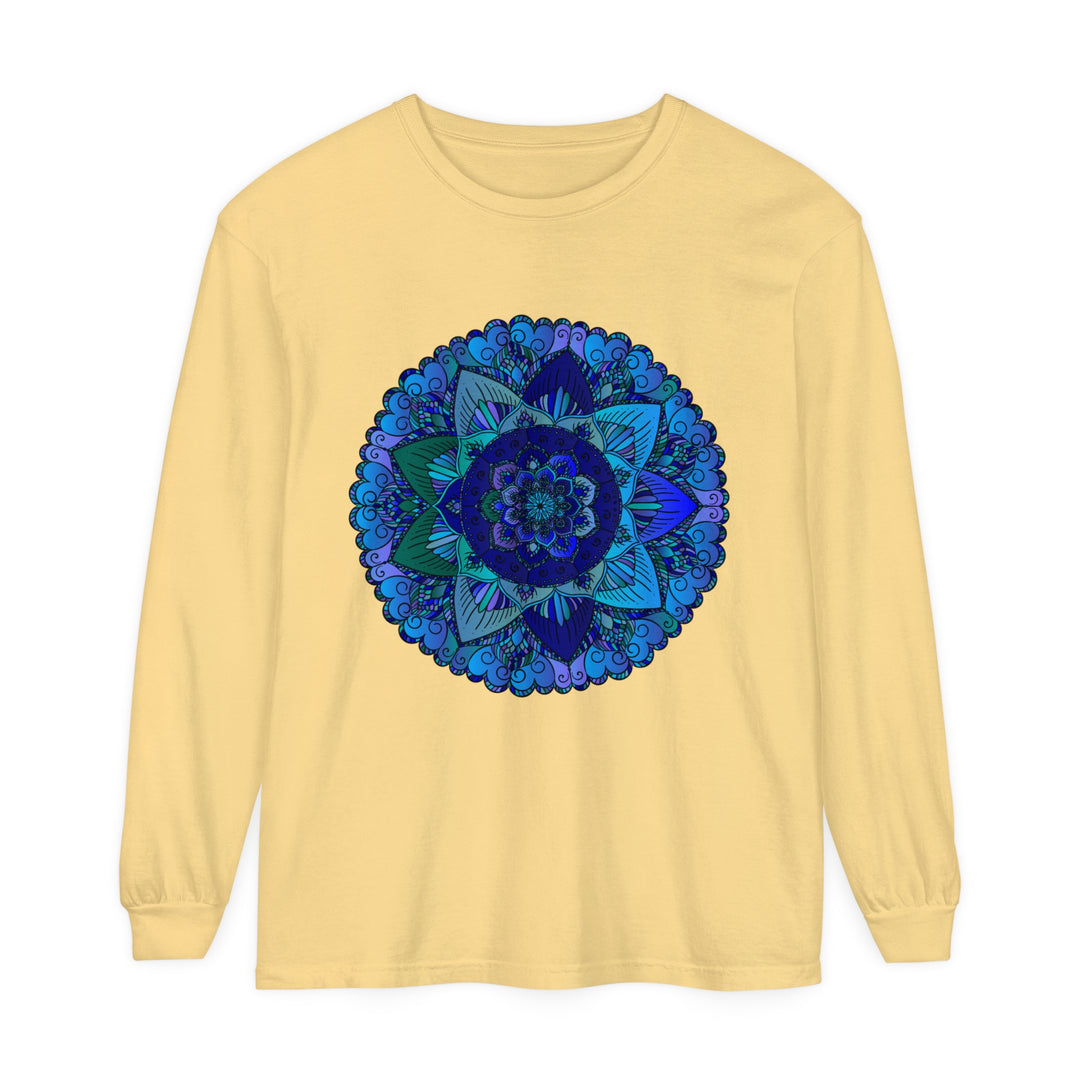 Dark blue and green mandala long sleeve t-shirt with intricate geometric design