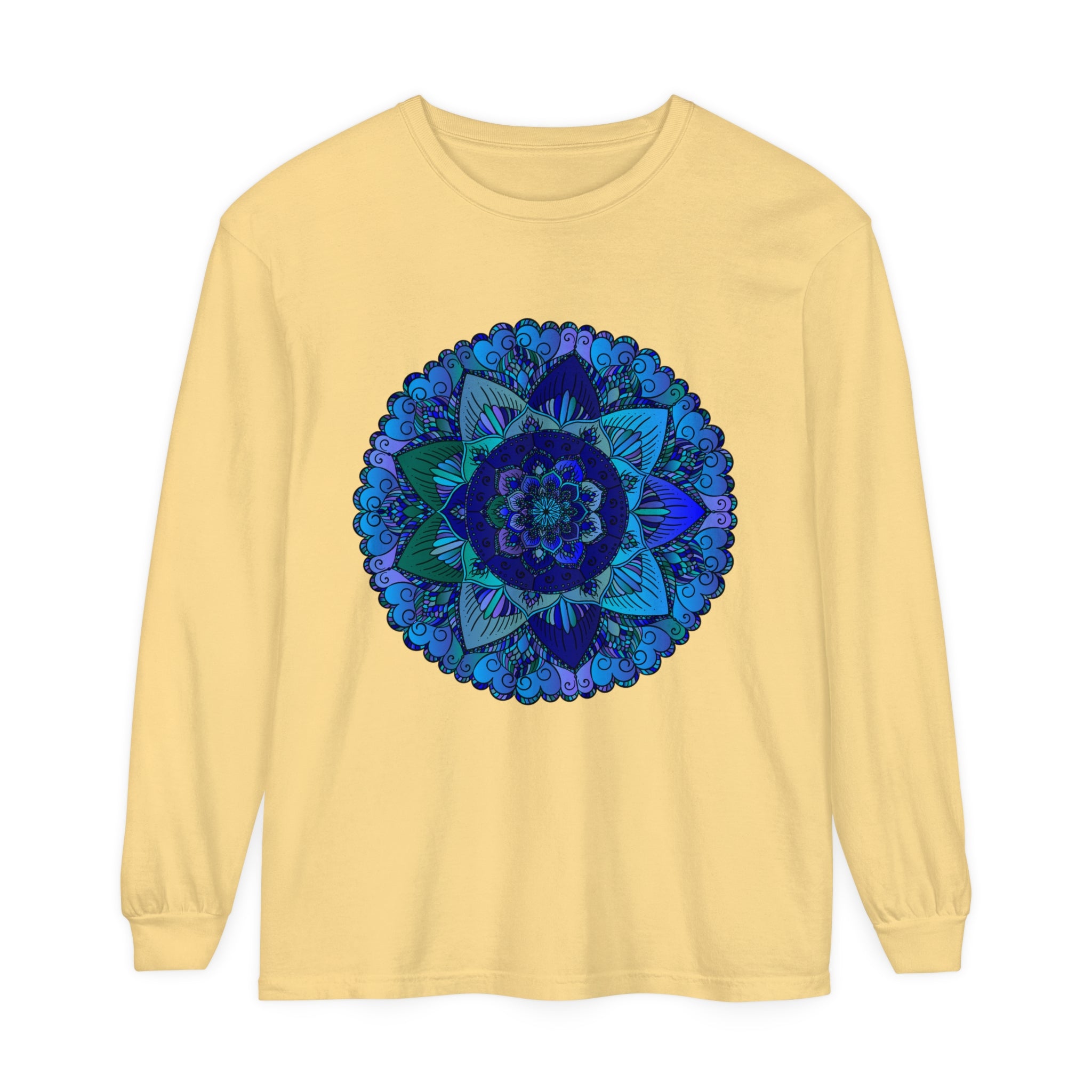 Dark blue and green mandala long sleeve t-shirt with intricate geometric design