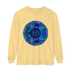 Dark blue and green mandala long sleeve t-shirt with intricate geometric design