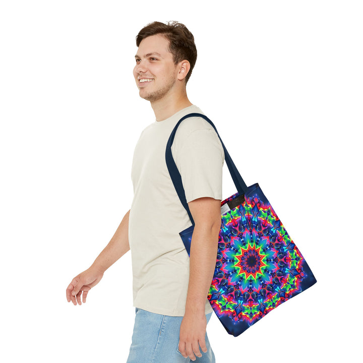 Colorful and intricate psychedelic mandala tote bag with vibrant patterns and bold designs