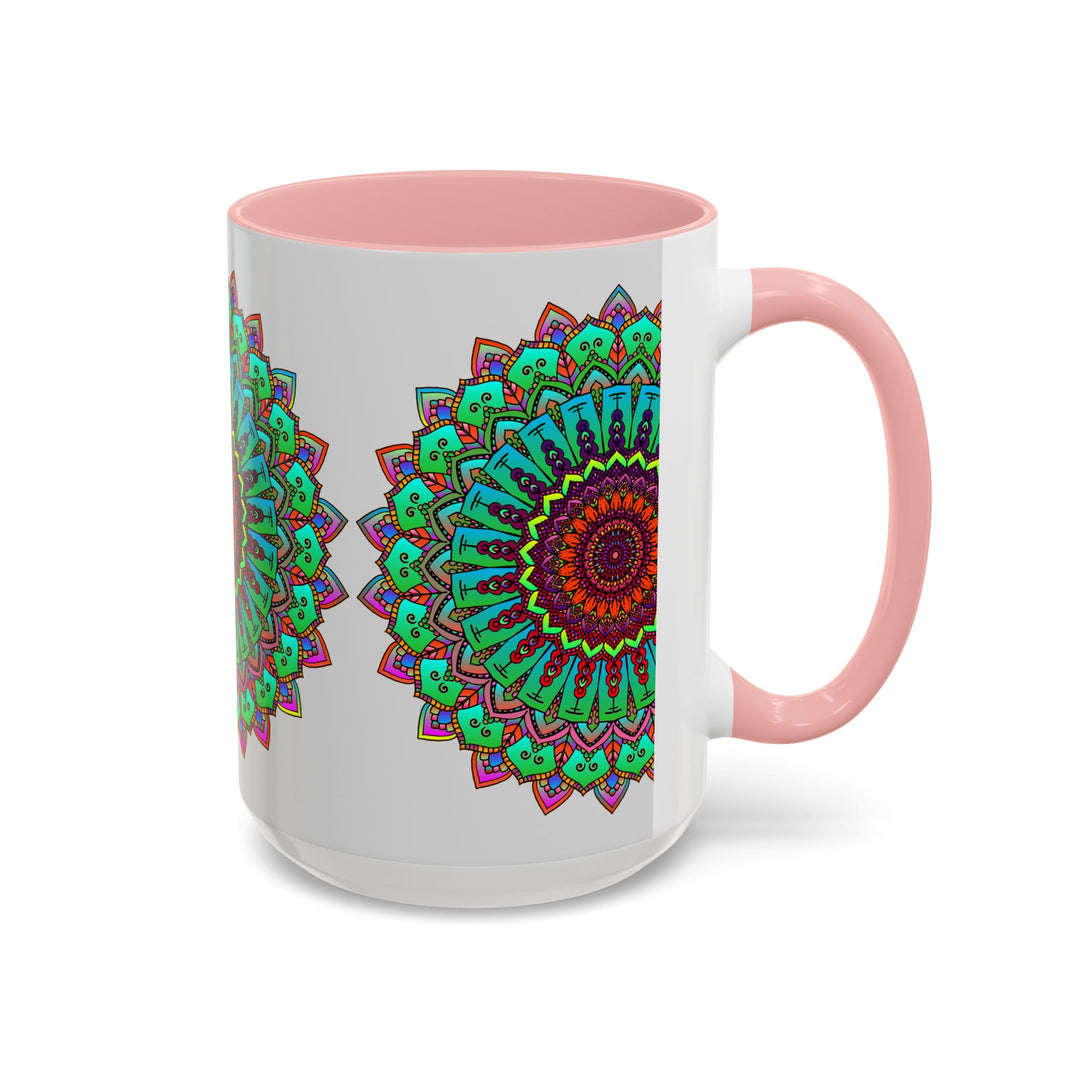 A light grey ceramic mug featuring a colorful mandala art design