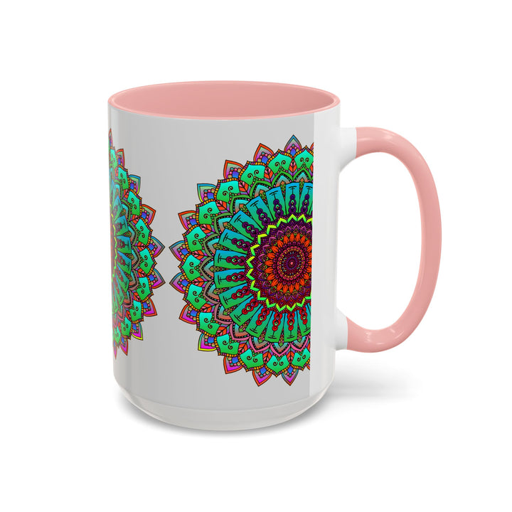 A light grey ceramic mug featuring a colorful mandala art design