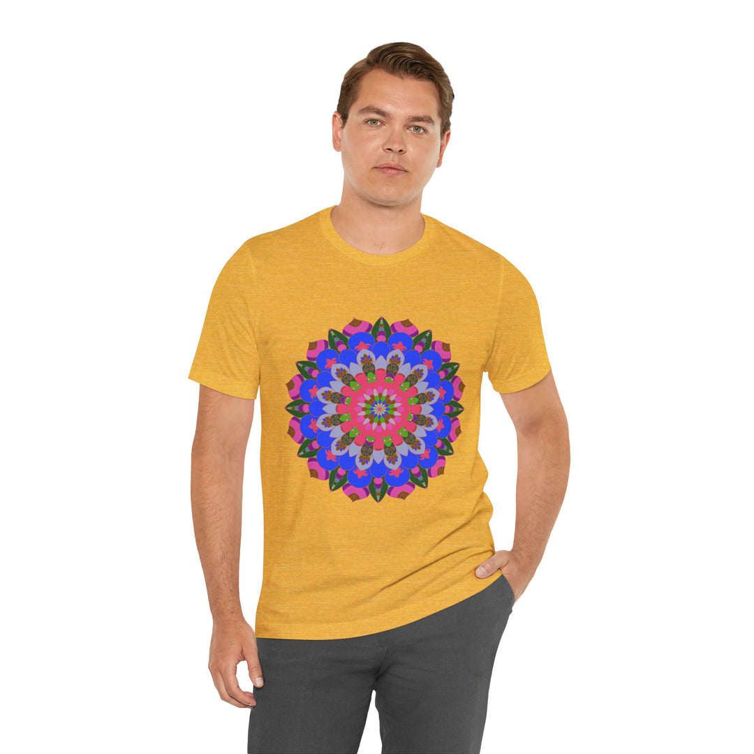 Vibrant and intricate colorful mandala geometric design on a t-shirt