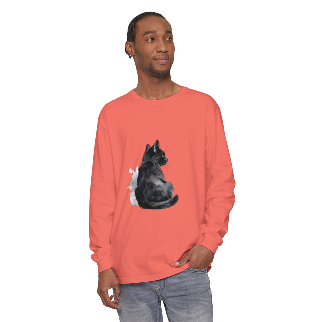 Black Cat Watercolor Unisex Long Sleeve T-Shirt featuring a vibrant and detailed watercolor painting of a black cat on a high-quality, comfortable long sleeve shirt