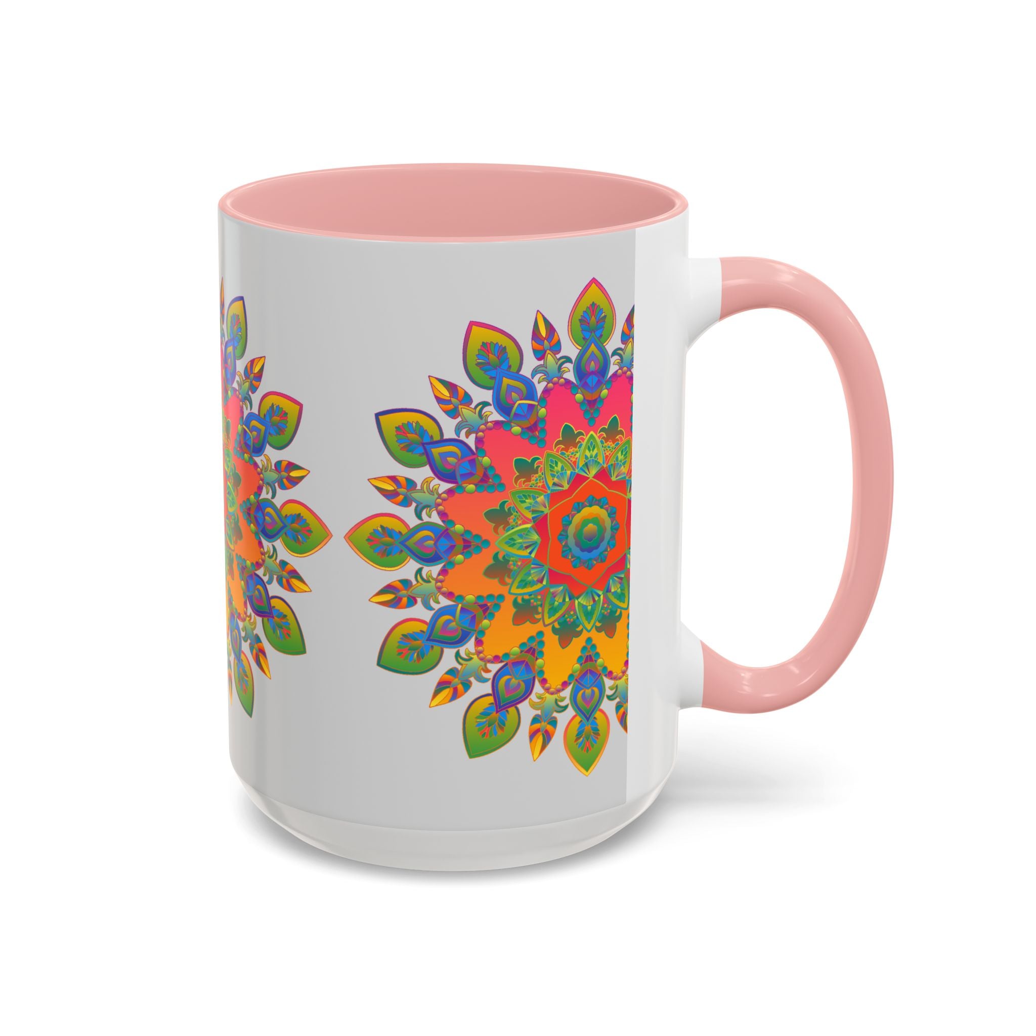 A beautiful and intricate mandala design adorns this colorful mug on a grey background