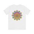 Colorful psychedelic mandala t-shirt with intricate spiritual design promoting peace and tranquility