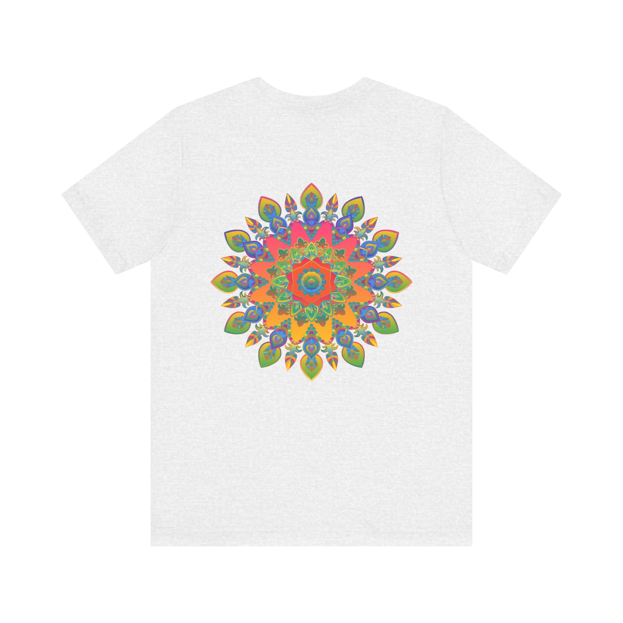 Colorful psychedelic mandala t-shirt with intricate spiritual design promoting peace and tranquility