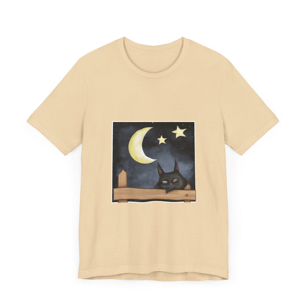 A black t-shirt featuring a sleepy cat against a moonlit night background