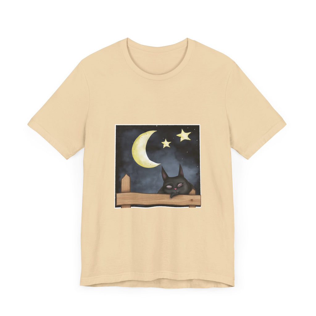 A black t-shirt featuring a sleepy cat against a moonlit night background