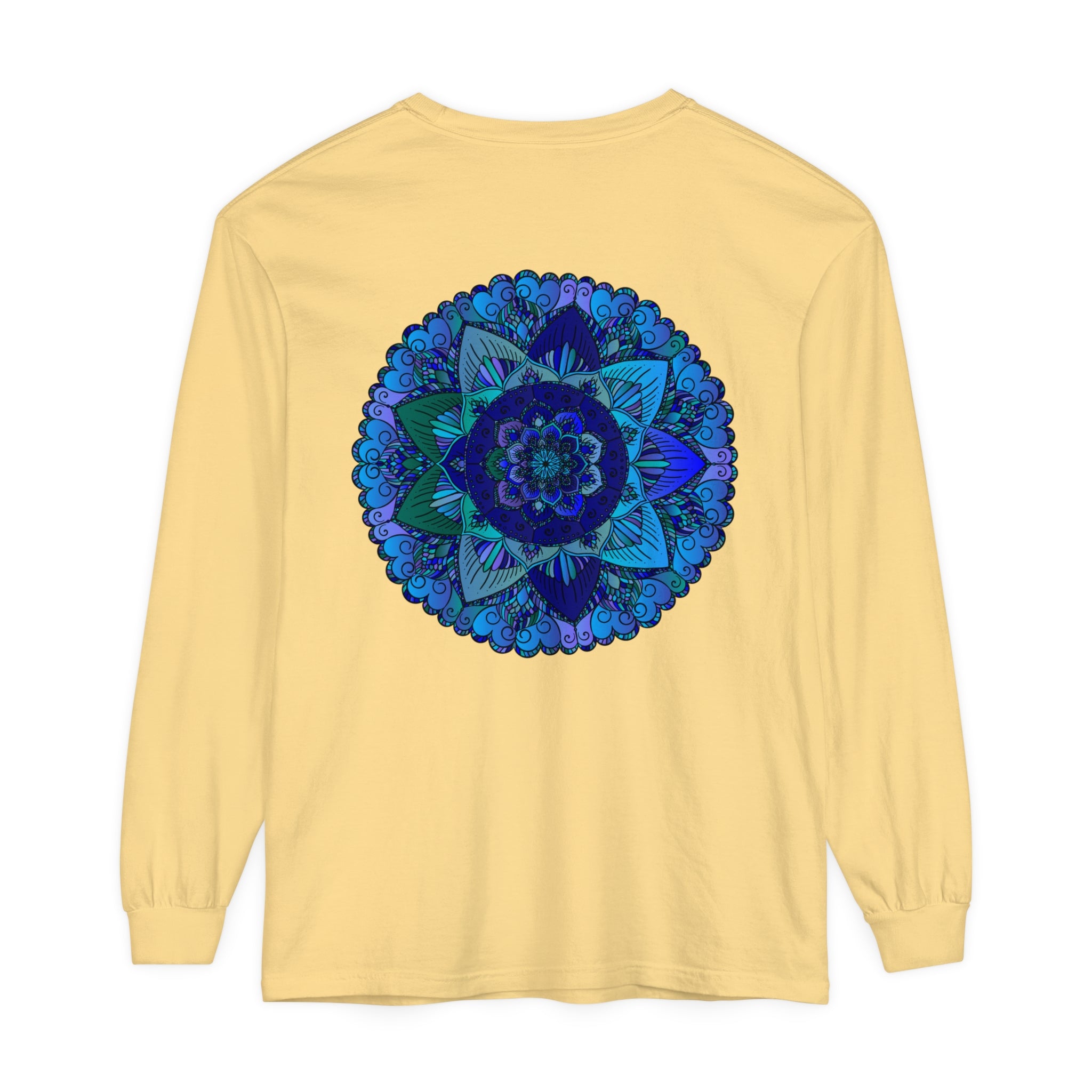 Dark blue and green mandala long sleeve t-shirt with intricate design