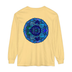 Dark blue and green mandala long sleeve t-shirt with intricate design