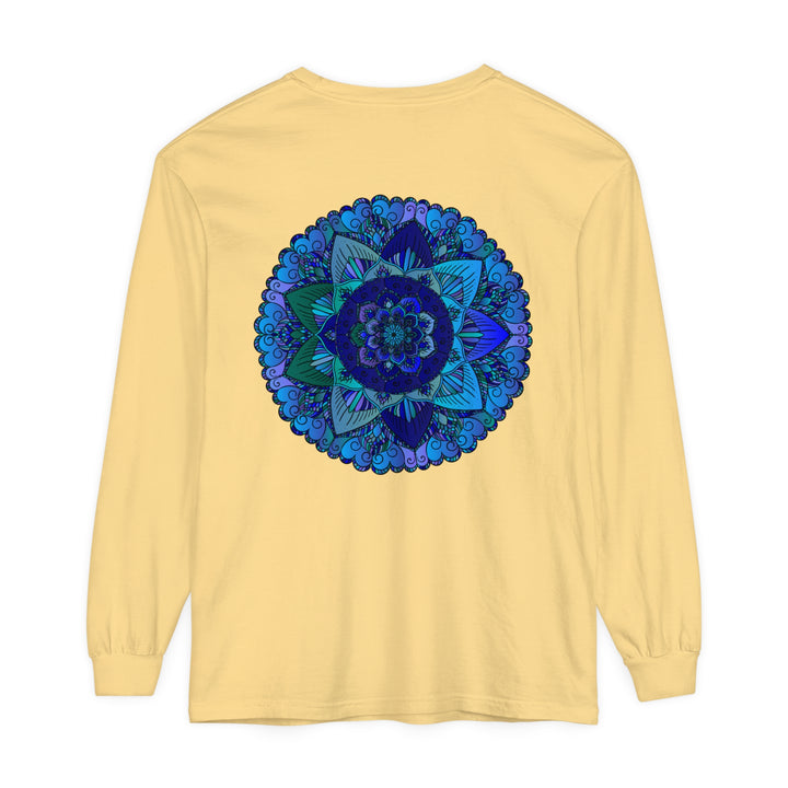 Dark blue and green mandala long sleeve t-shirt with intricate design