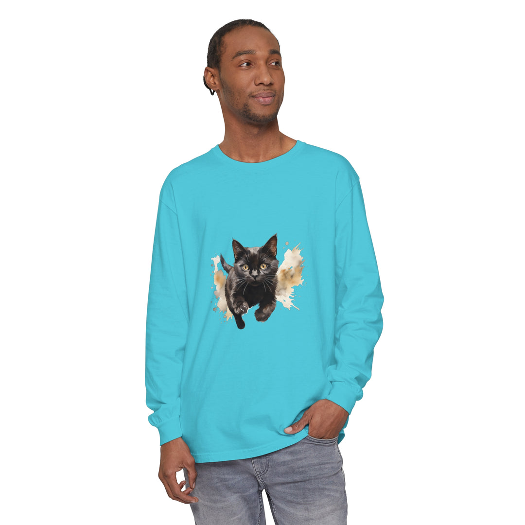 Black Cat Watercolor Sprint Unisex T-Shirt, a stylish and unique graphic tee with a vibrant watercolor design of a black cat sprinting, perfect for any casual outfit