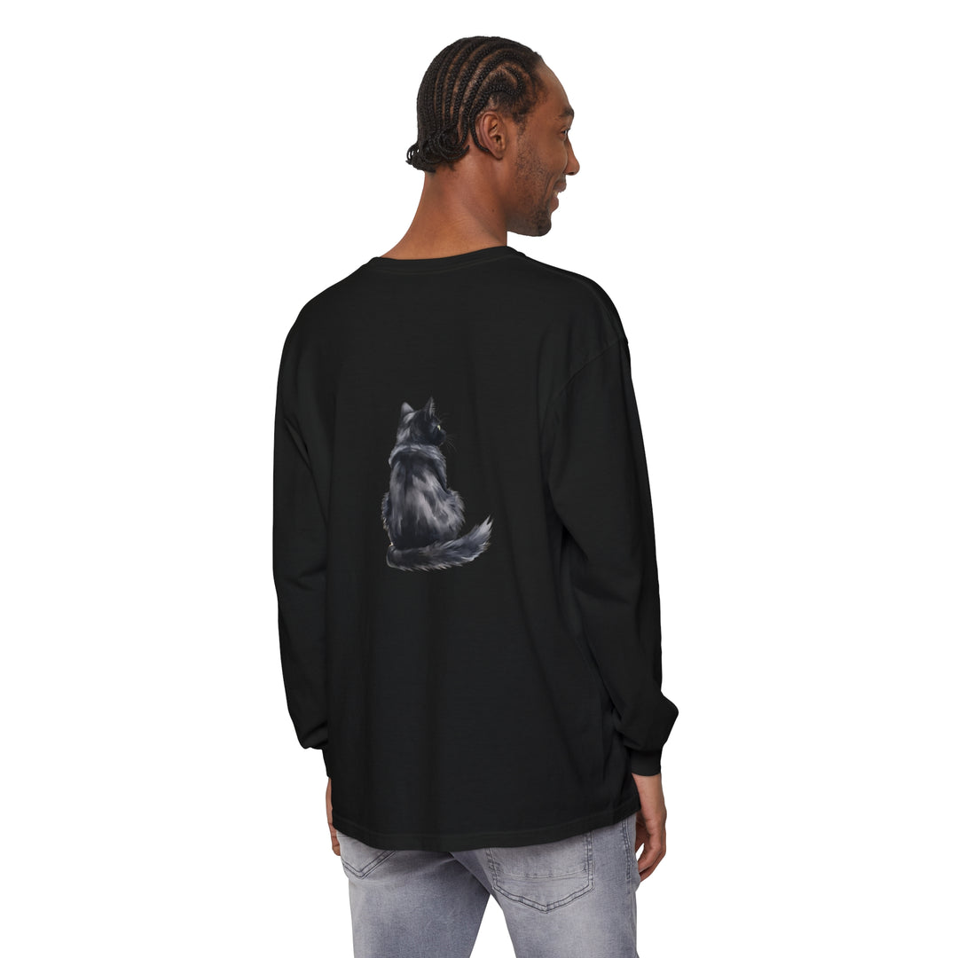 Black Cat Watercolor Long Sleeve T-Shirt featuring a vibrant watercolor print of a black cat on a comfortable long sleeve shirt