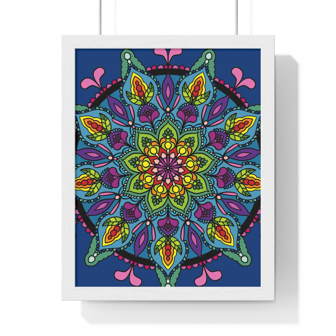 A beautiful hand-drawn blue mandala art poster framed vertically for mindfulness and yoga practices