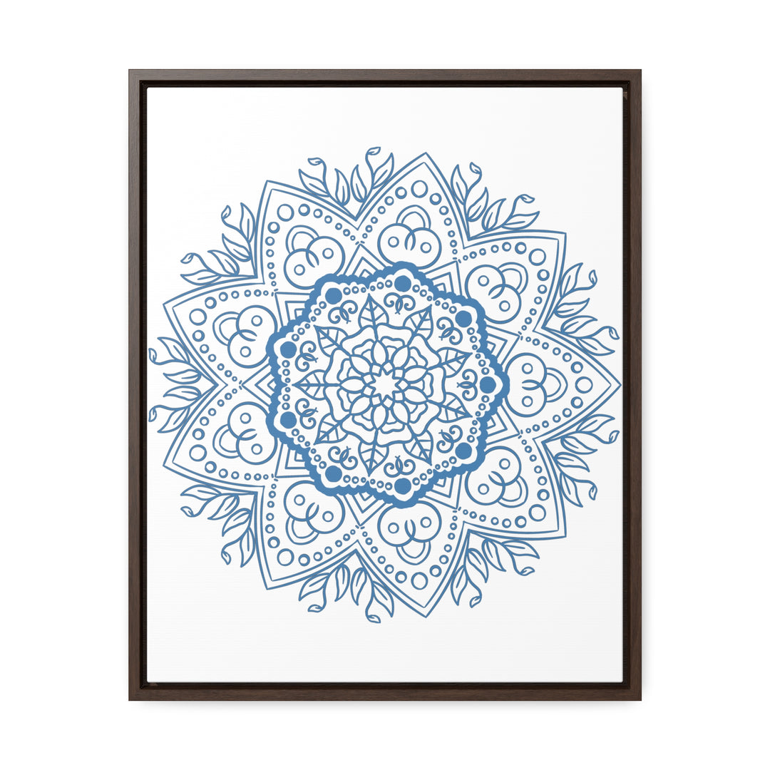 A beautiful, handcrafted steel blue Mandala Design Wall Art on gallery canvas wraps, displayed in a vertical frame