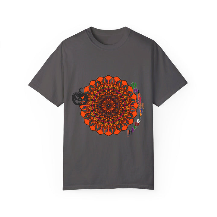 Handmade unisex Halloween Mandala T-shirt featuring a pumpkin mandala design, garment-dyed for a unique, artistic look and feel