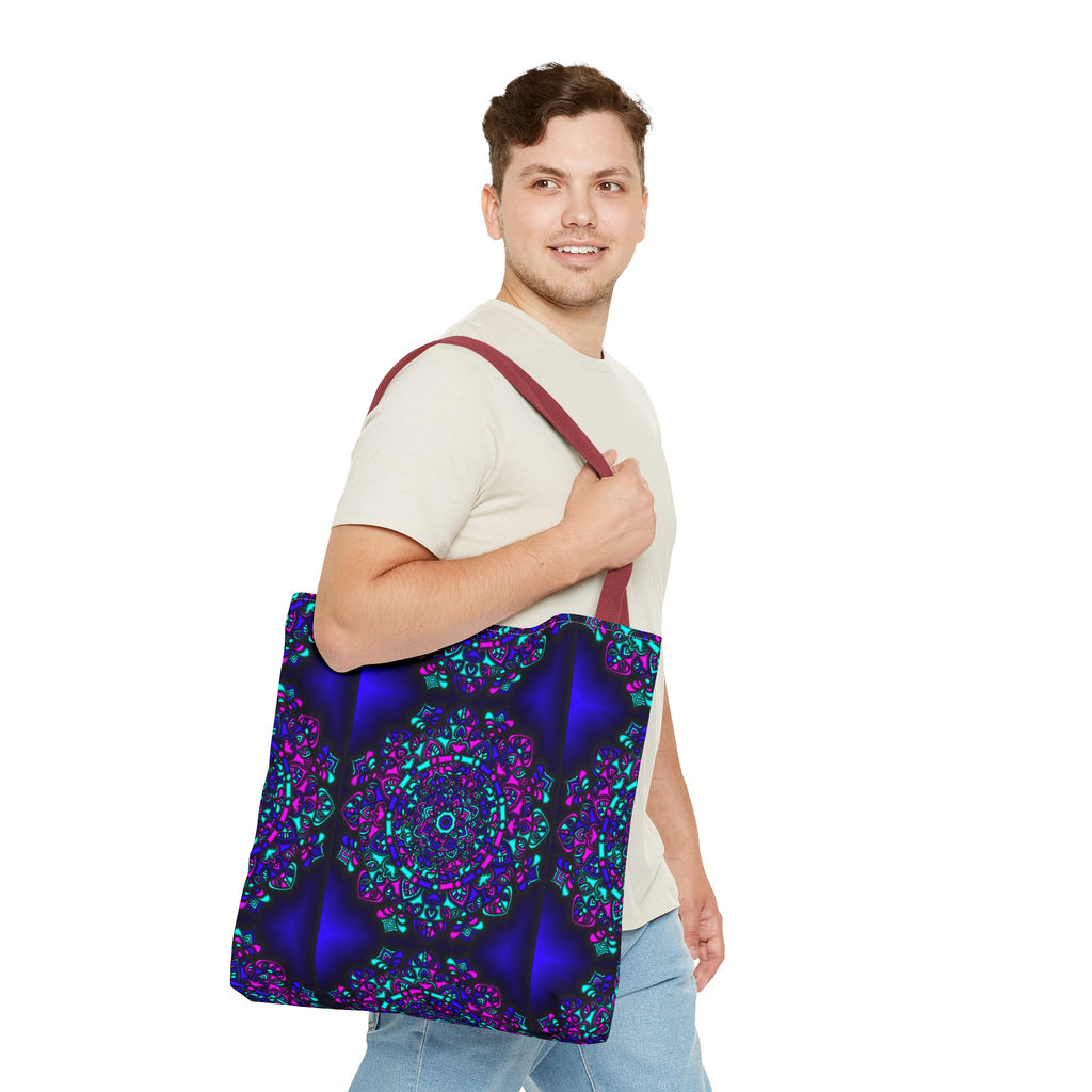Kaleidoscope Mandala Tote Bag — Vibrant Neon Floral Pattern