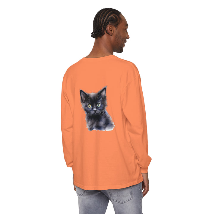 Black unisex long sleeve t-shirt featuring a mystical kitten design