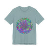 A vibrant and intricately designed mandala t-shirt showcasing a colorful and mesmerizing pattern