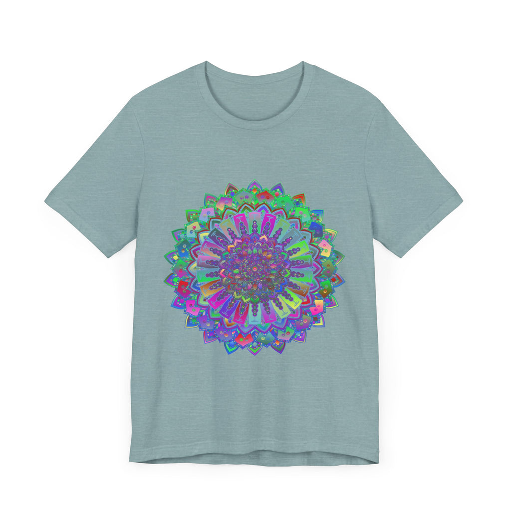 A vibrant and intricately designed mandala t-shirt showcasing a colorful and mesmerizing pattern