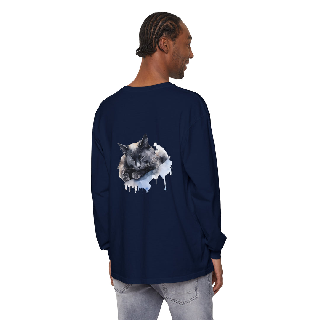 A watercolor illustration of a sleeping cat on a comfortable t-shirt