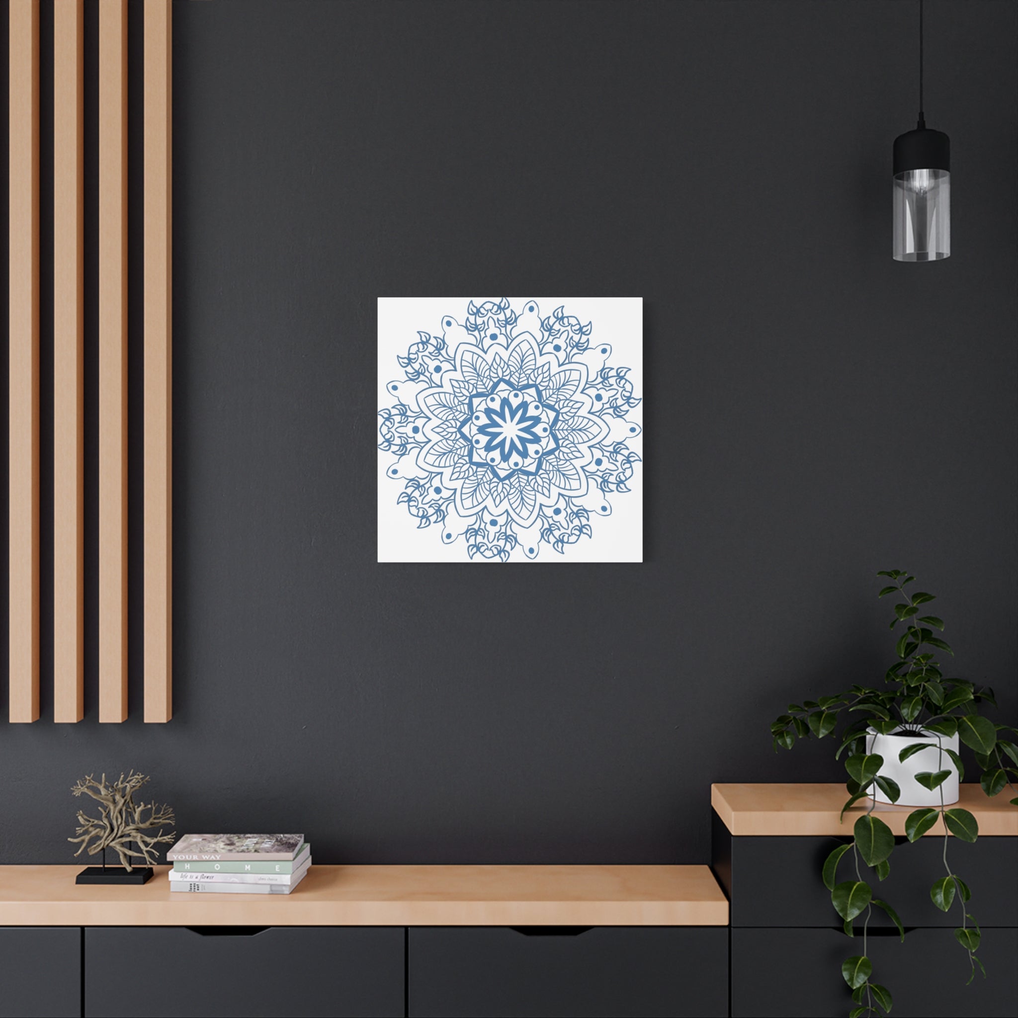 Beautiful handmade mandala art in steel blue, featuring intricate mandala design on matte canvas, stretched and ready to hang on your wall