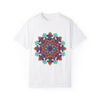 Unisex mandala t-shirt made of 100% ring-spun cotton with hand-drawn mandala art, garment-dyed for extra comfort